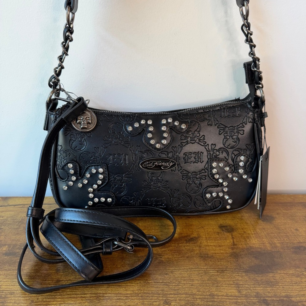 New Ed Hardy Black Shoulder Crossbody Handbag Rhinestones Skulls Y2K Gothic